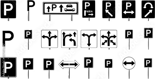Car parking signs with direction arrow. Printable vector symbol on transparent background.
