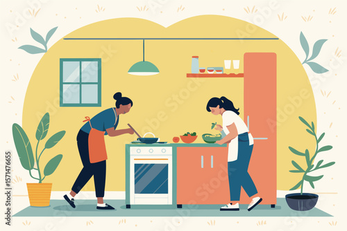 Create a vector illustration of a small, cozy apartment kitchen where two people are cooking together, showing details like appliances, counters, and food.