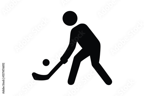 A silhouetted figure of a hockey player in a dynamic pose, bending forward while gripping a hockey stick. The player is poised to hit a puck on the ground, with one leg extended and the other slightly