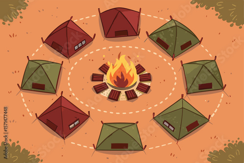 Vector, top-down view, tent circle formation, LARP setting, tents surrounding a central LAR figure.