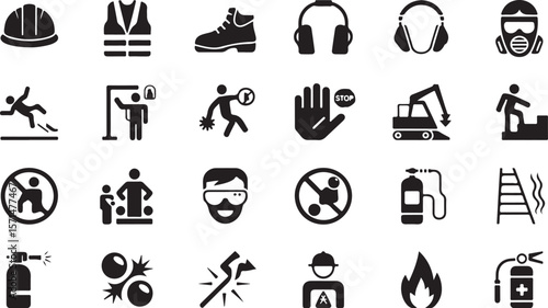 Safety First Pictograms Emphasizing Workplace Hazard Prevention and Protection Essential Safety Measures Including Personal Protective Equipment and Cautionary Symbols Depicting Potential Risks