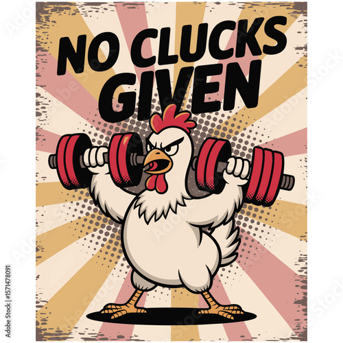 A humorous design featuring a chicken lifting weights with the phrase "No Clucks Given", ideal for quirky or gym-themed apparel, vector illustration.