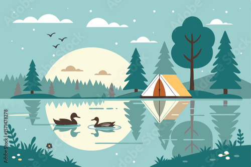 Vector art serene lake, camping tent reflection, tranquil water. Minimalist design, peaceful scenery, clear sky.