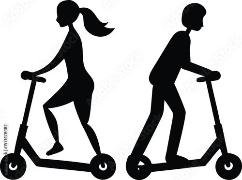 Black Silhouette of Man and Woman Riding Scooters Two People on Kick Scooters Simple Vector Illustration