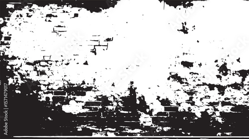 High contrast black and white image of a weathered brick wall with damaged plaster texture details