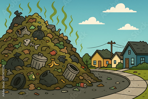 Huge pile of garbage in residential area, smelly and disturbing