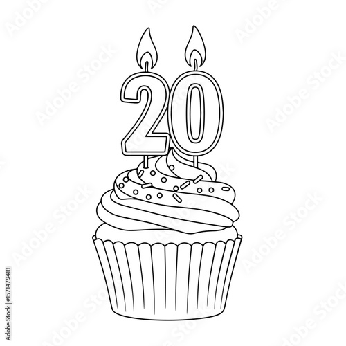 20th birthday cupcake with whipped cream and number 20 candle, isolated vector illustration on white or transparent background