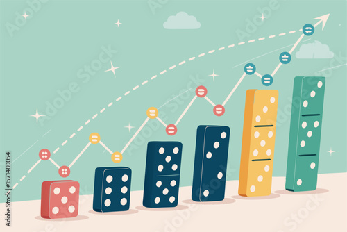 Vector art cascading dominoes, viral marketing metaphor. Domino effect representing widespread campaign success.