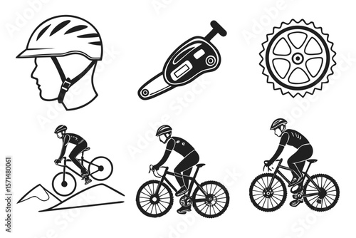 Cyclists and bicycle parts are illustrated in black and white