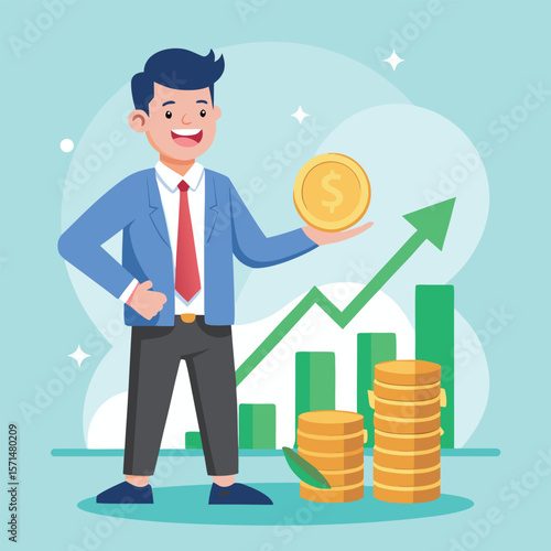 Successful investor celebrating financial growth with dollar coin and increasing profits