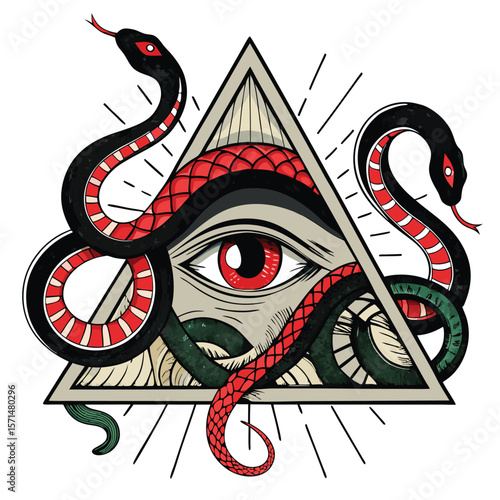 A graphic eye bleeds within a triangle, encircled by snakes.