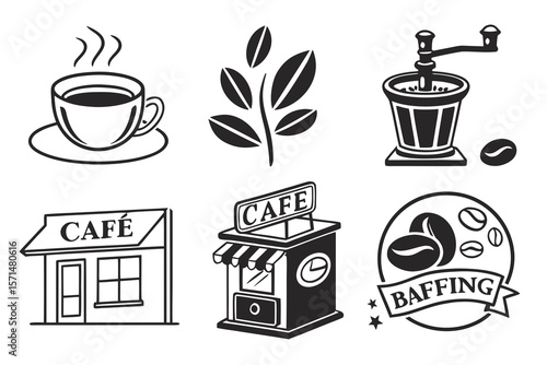 A cup of coffee, beans, grinder, and cafe illustration in black and white