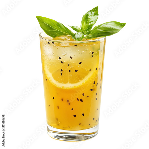 Refreshing glass of passion fruit juice with lemon slice and basil leaves, showcasing vibrant colors and tropical vibe. seeds add texture to drink, on transparent background