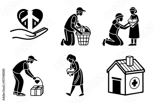 Illustrations depict acts of charity and community support in black and white