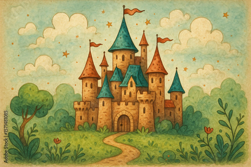 Enchanted Fairytale Castle Illustration: Whimsical Watercolor, Storybook Style, Magical Mood