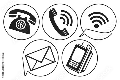Five communication icons are isolated on white background