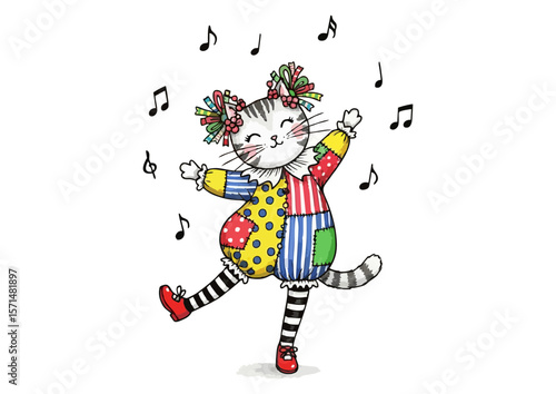 Cheerful cat dancer performing on a white background with musical notes
