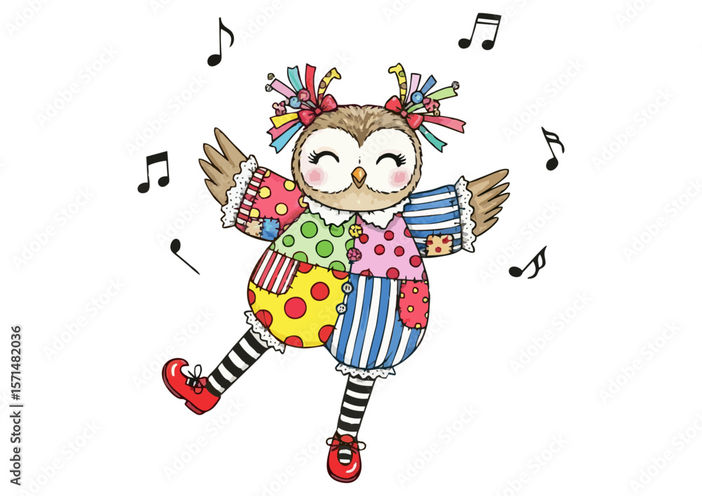 Naklejka premium Happy owl dancer performing joyfully on a white background with musical notes