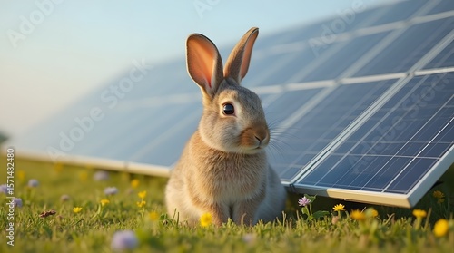 Hare sitting next to photovoltaic panels in a field in summer. Sunny weather in a field with a rabbit sitting near a solar panel.