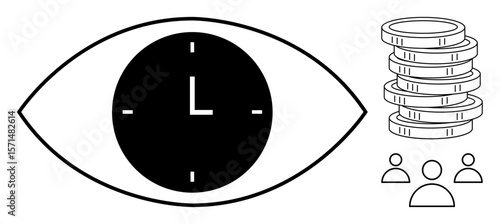 Eye with clock symbol signifies time management, coins reflect financial value, and people icons represent teamwork and community. Ideal for productivity, economics, collaboration, resource