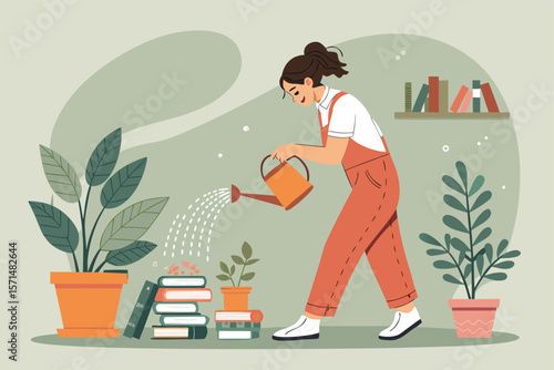 Vector woman watering plants in cozy room; sunlight, books, art, chair, calm, indoor gardening.