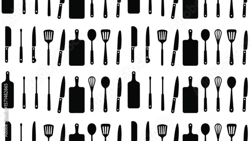 Cooking utensils create a seamless repeat pattern of knives, spoons, cutting boards and spatulas in a bold black design.