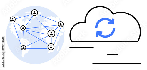 Network icons connected across the globe alongside cloud sync arrows indicating data exchange. Ideal for communication, teamwork, cloud computing, technology, global interaction, data sharing, simple