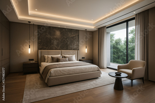 Modern Luxury Beige Bedroom Interior Design: Serene Minimalist Style with Marble Accent Wall and Large Window View.