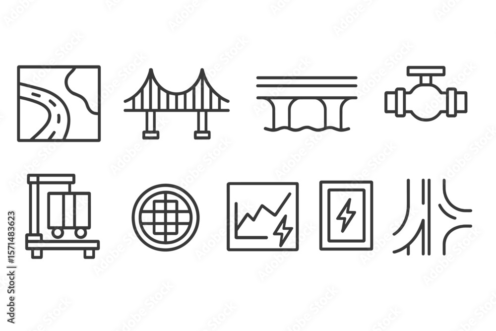 Obraz premium Infrastructure, construction line icon set. bridges, roads, engineering graphics
