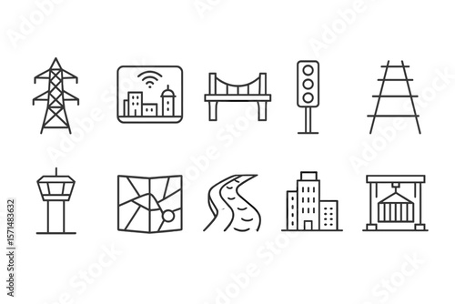 Infrastructure outline icon set. city planning, construction, urban development icons
