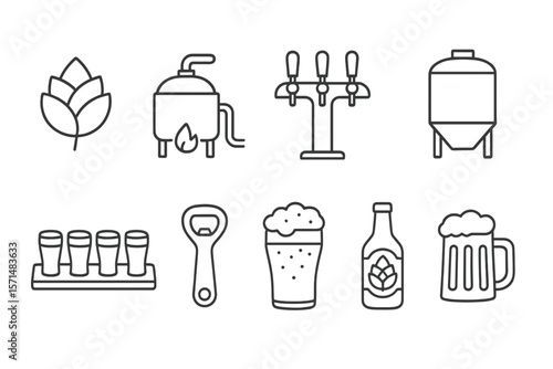 Beer, brewery linear icon set. craft brewing, beverage industry line graphics