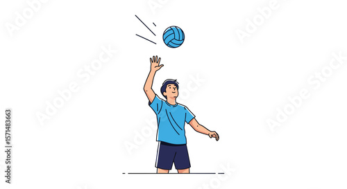 Young athlete concentrates intently before striking the blue volleyball during an outdoor sporting competition