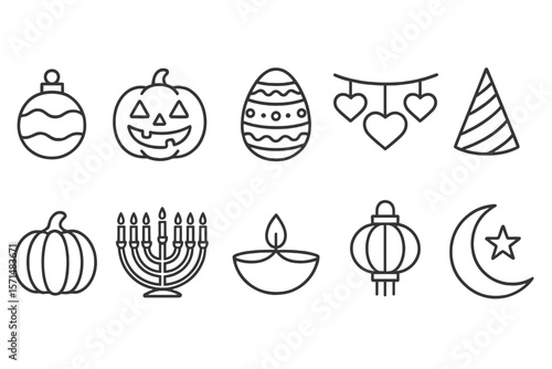Holiday celebration linear icon set. christmas, halloween, hanukkah outline icons