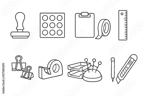 Office supplies icon set. stationery, tools outline style for workplace organization