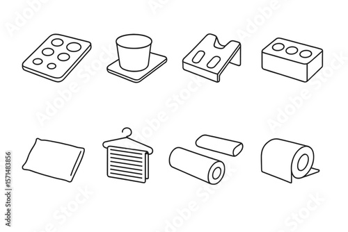 Household items outline icon set: everyday essentials collection in line style