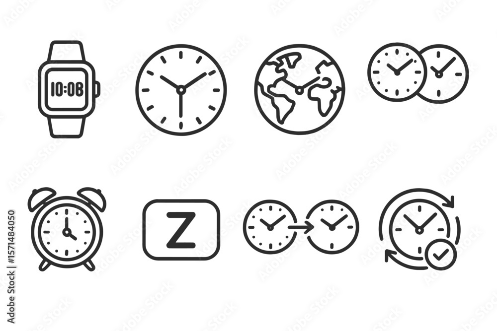 Time and clock icon set. linear style for schedule and punctuality visuals Time and clock icon set. linear style for schedule and punctuality visuals