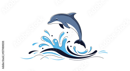 A majestic dolphin leaps from the ocean spray creating a dynamic and lively marine scene