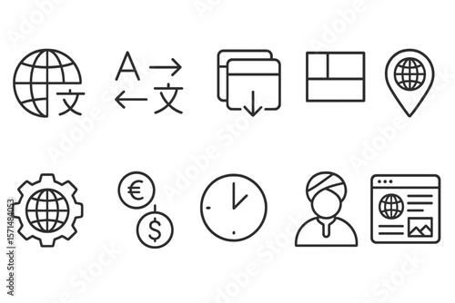 Translation and language outline icon set. communication, global symbols pack