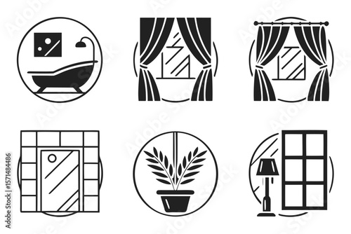 Interior design icons showing bathroom and window decor isolated on white