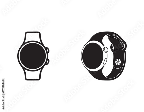 Two black smartwatch icons with circular faces and bands isolated on white background