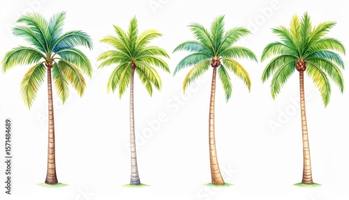 Four Watercolor Palm Trees On White Background