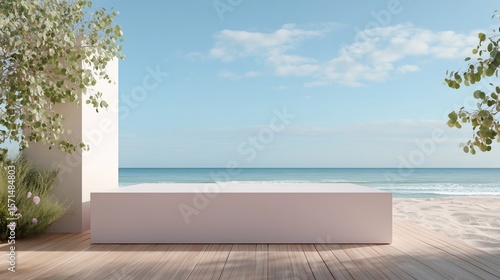 Relaxing beachside lounge area with ocean view and clear sky on a sunny day