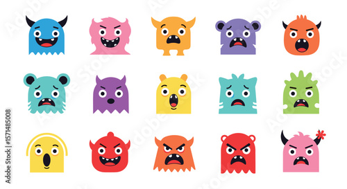 A collection of cute and colorful pixelated monsters expressing a variety of emotions and feelings
