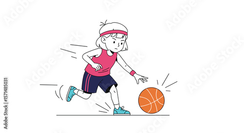 Young person dribbling a basketball during a fast paced game on an outdoor court