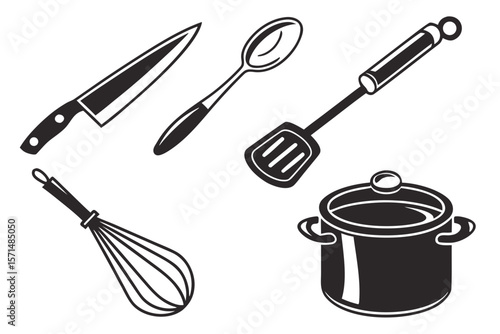 A collection of kitchen utensils for cooking and food preparation