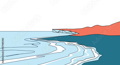 Expedition to the arctic ocean exploring glacial formations and the surrounding coastal landscape with distinctive red earth elements under a vast white sky