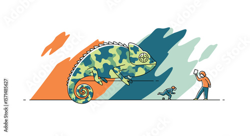 A person observes a large chameleon sitting on a branch while a small bird stands nearby with abstract background shapes