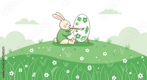 Adorable bunny painting a decorative easter egg on a grassy hill surrounded by blooming flowers and fluffy clouds
