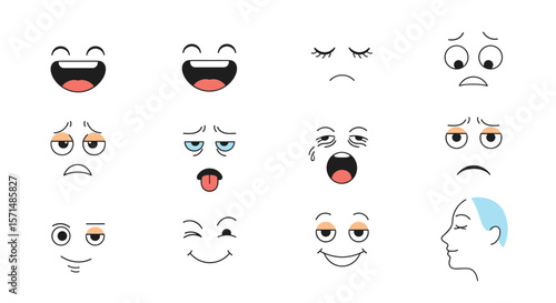 Diverse collection of expressive cartoon faces showing various emotions and feelings with line art style portrait