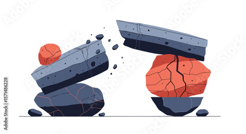 Geometric abstract rocks breaking apart with splinters and debris flying around on a white background